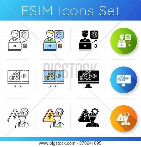 Computer Specialist Icons Set. Prototype Programming. Electrician For Machinery Maintenance. It Prof
