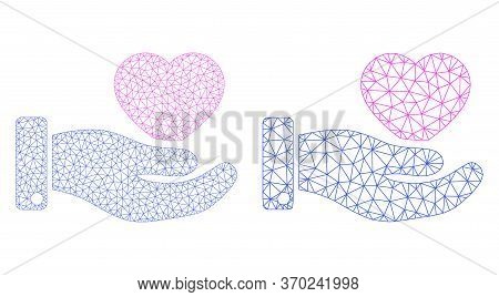 Mesh Vector Favourite Heart Offer Hand Icon. Mesh Carcass Favourite Heart Offer Hand Image In Low Po