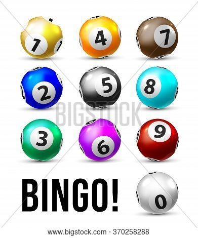 Bingo Balls. Ten Lottery Balls Set For Keno Lotto Sport Game. Realistic Bingo Balls With Numbers On 