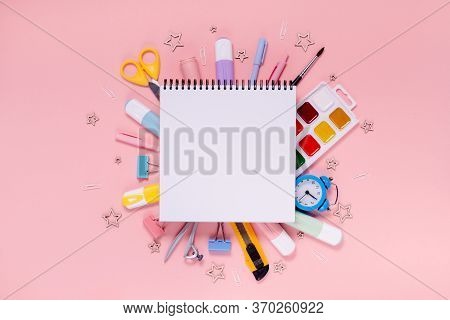Back To School Concept Notepad, Pencil Case, Stationery And School Supplies. Top Horizontal View Cop