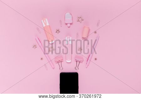 Back To School Online Education Concept Notepad, Pencil Case, Stationery And School Supplies. Top Ho