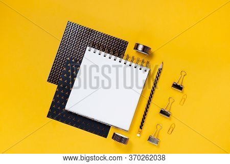 Back To School Concept Notepad, Pencil Case, Stationery And School Supplies. Top Horizontal View Cop