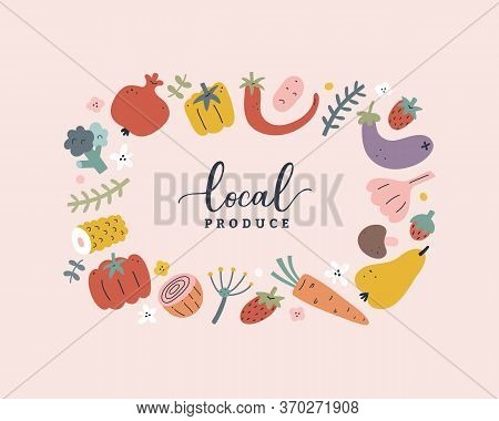 Vegetable And Fruit Vector Template, Modern Design Wreath Border With Hand Drawn Illustrations Of Fo