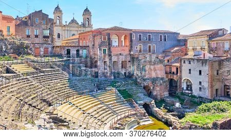 Panoramic view of Catania with ancient roman theater, Sicily, Italy