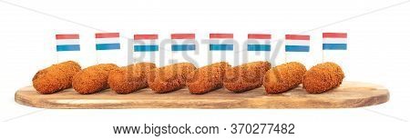 Brown Crusty Dutch Kroketten On A Serving Tray, Isolated On A White Background
