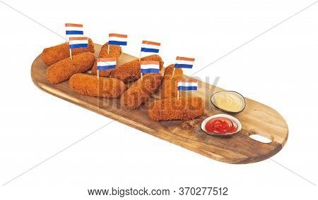 Brown Crusty Dutch Kroketten On A Serving Tray, Isolated On A White Background