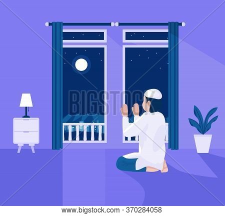 Vector Illustration Of Muslim Praying At Home At Night, With Home Decor Pots, Tables, Bed Lamps, Dou
