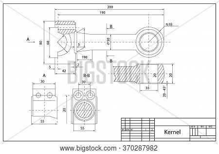 Mechanical Engineering Drawing As Background. Technical Plan Of Engine Connecting Rod