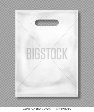 White Plastic Bag Isolated On Transparent Background. Vector Mockup Of Blank Packet With Handles, Em
