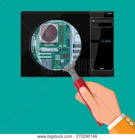 Pc Hardware Concept. Hand Magnifying Glass, Motherboard, Hard Drive, Cpu, Fan, Graphic Card, Memory.