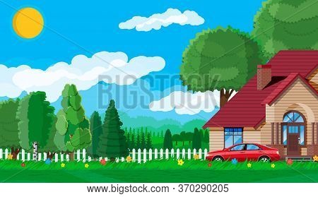 Suburban Family House. Countryside Wooden House Icon. Car, Road, Fence, Forest With Trees And Buildi