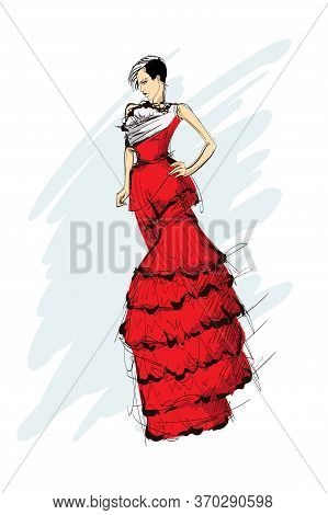 Beautiful Young Woman In Modern Style. Hand Drawn Stylish Woman Portrait. Fashion Lady. Festive Outf