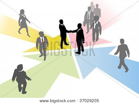 Business people connect to collaborate or team up on converging arrows