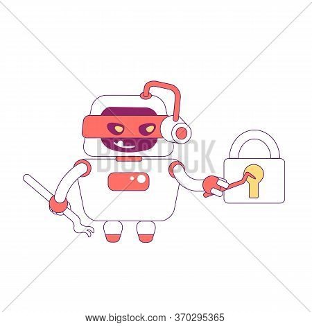 Hacker Robot Red Linear Object. Bad Bot Breaking Lock Thin Line Symbol. Password Hacking Software, A