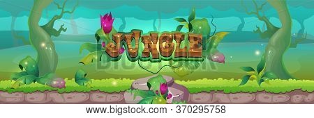 Jungle Flat Color Vector Illustration. Fantasy Forest. Panoramic Scene Of Wild Woods. Flourish On Bu