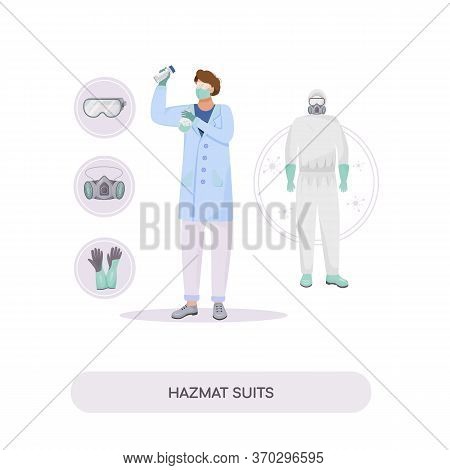 Hazmat Suits Flat Concept Vector Illustration. Radiation Protection, Workwear. Chemist In Gloves And
