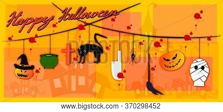 Illustration Set Of Happy Ghost, Monsters And Evils Hanging On Spooky Background For Halloween Celeb