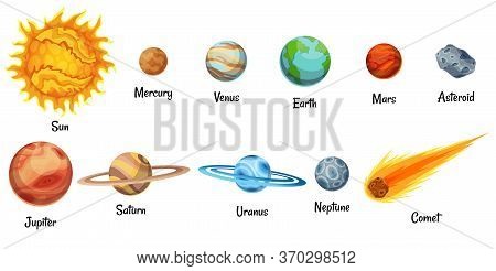Cartoon Solar System Planets. Astronomical Observatory Small Planet. Astronomy Galaxy Space. Sun Mer