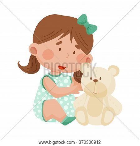 Baby Girl Sitting On The Floor And Hugging Fluffy Toy Bear Vector Illustration