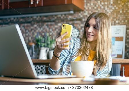 Distance Learning Online Education And Work. Business Woman Having A Facetime Video Call. Happy And 