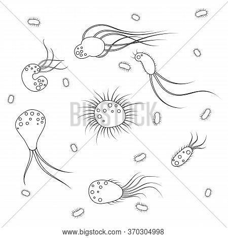 Icons Of Infectious Bacteria And Biological Viruses. Flat Cartoon Illustration Of Microbes And Bacte