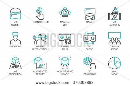 Big Set Of Line Icons Of Augmented Reality Digital Ar Technology Future. 15 Vector Labels Isolated O