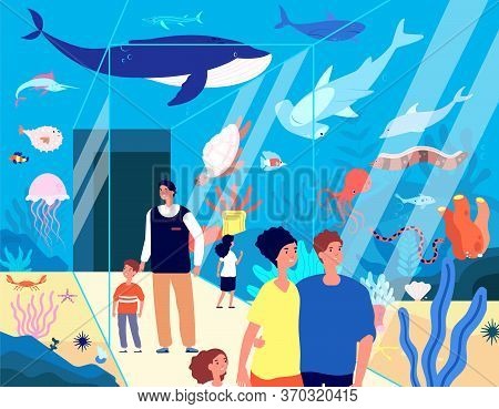 Oceanarium Visitors. Underwater Aquarium, Family Looking Ocean Animals Fish In Marine Zoo. Flat Chil