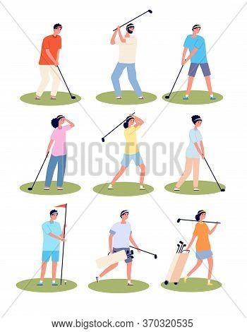 Golf Playing. Cartoon Fun Golfing Players, Sport Time. Isolated Golfers In Uniform Sporting Outfits.
