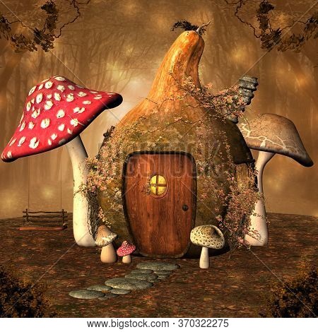 Elf House With Fantasy Mushrooms And A Swing - 3d Illustration