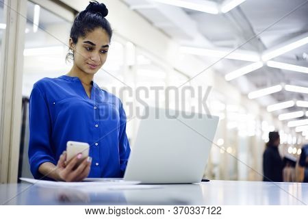 Positive Talented Student Making Presentation For Coursework Project Using Application