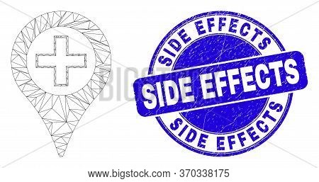 Web Carcass Medical Map Marker Icon And Side Effects Stamp. Blue Vector Rounded Scratched Stamp With