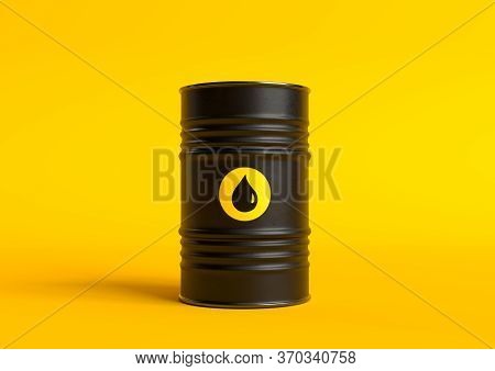Barrel of oil on a yellow bright background. Oil prices inflation. 3D rendering illustration
