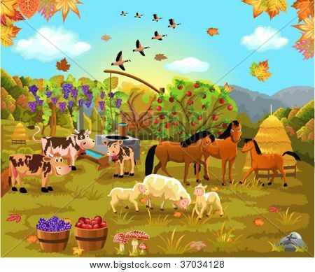 animales de granja en el campo de otoño