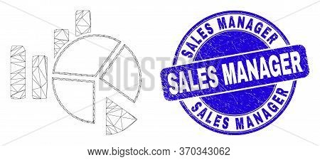 Web Mesh Statistics Charts Icon And Sales Manager Seal Stamp. Blue Vector Round Scratched Stamp With