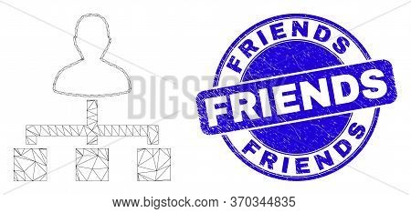 Web Mesh User Links Pictogram And Friends Seal. Blue Vector Round Scratched Seal Stamp With Friends 