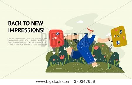 Woman Running With Uitcases. Vector Flat Illustration , Isolated On White Background. Web Banner.