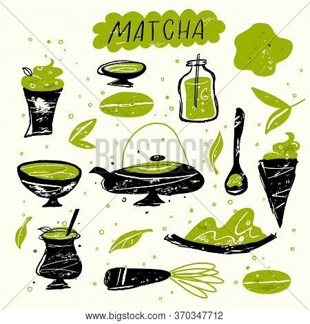 Matcha. Vector Doodle Illustration Of Matcha Tea Products. Japanese Tea Ceremony.
