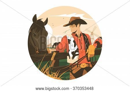 Cowboy With Horse Vector Illustration. Cowpuncher And