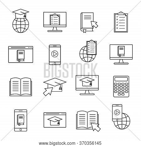 Online Education Linear Icon. Elearning Training Course Set Symbols. Computer, Mobile E-learning For