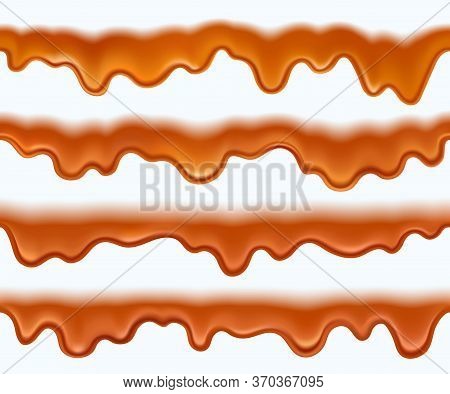 Caramel Dripping. Caramel Sauce Or Liqued Chocolate Drip From Top. Melt Toffee Wave For Candy Pack D