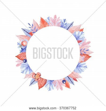 Watercolor Round Frame Of Autumn Orange And Blue Leaves On White Background. Thanksgiving Or Greetin