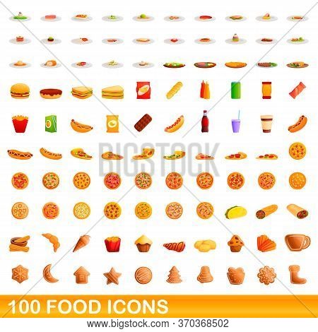 100 Food Icons Set. Cartoon Illustration Of 100 Food Icons Vector Set Isolated On White Background