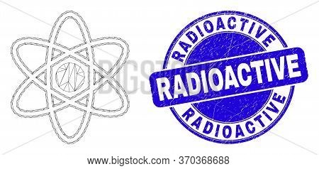 Web Mesh Atom Model Icon And Radioactive Seal. Blue Vector Round Textured Seal Stamp With Radioactiv