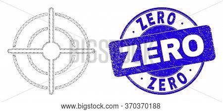 Web Carcass Bullseye Pictogram And Zero Seal. Blue Vector Rounded Scratched Seal Stamp With Zero Tit