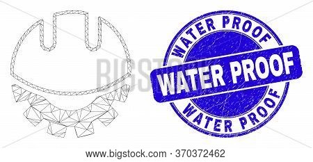 Web Mesh Development Helmet Icon And Water Proof Seal. Blue Vector Round Distress Watermark With Wat