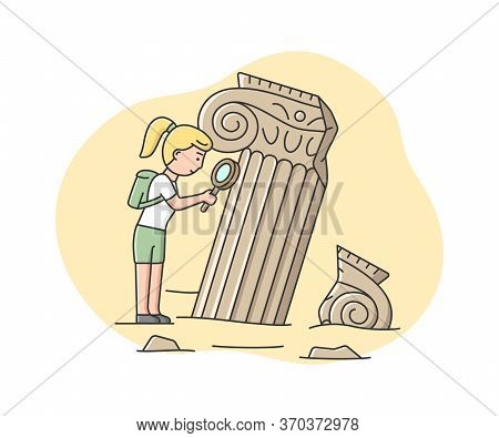 Concept Of Archaeologist Excavations. Woman Archaeologist Looking On Old Columns, Remains Of Archite
