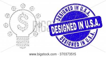 Web Carcass Dollar Light Bulb Icon And Designed In U.s.a. Seal Stamp. Blue Vector Rounded Distress W