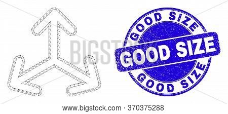 Web Mesh Expand Arrows Icon And Good Size Watermark. Blue Vector Round Scratched Stamp With Good Siz