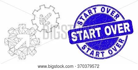 Web Mesh Integration Gears Pictogram And Start Over Seal Stamp. Blue Vector Round Grunge Seal Stamp 