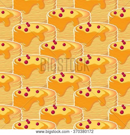 Pancakes With Honey And Cherry Seamless Pattern.
